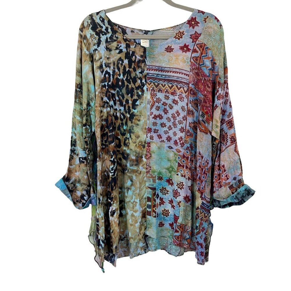 URU Multi Print Artsy Oversized Blouse Top Boho Indie Rayon Made in USA One Size